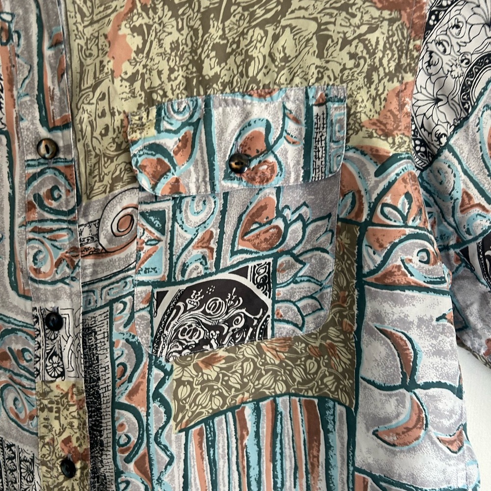 VINTAGE DIANE GILMAN 90s Silk Tapestry Button Top Oversized Lagenlook Art Wear M - Picture 9 of 13